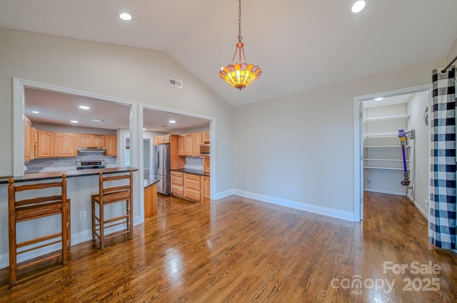 kitchen featuring pendant lighting, stainless steel appliances, wood-type flooring, decorative backsplash, and vaulted ceiling