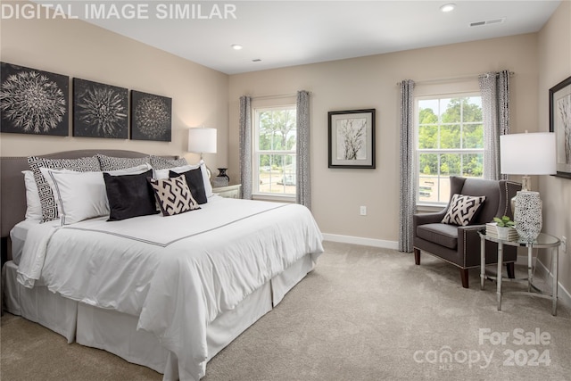 bedroom with multiple windows and light colored carpet