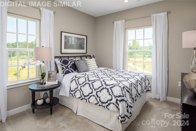 bedroom featuring multiple windows and light carpet