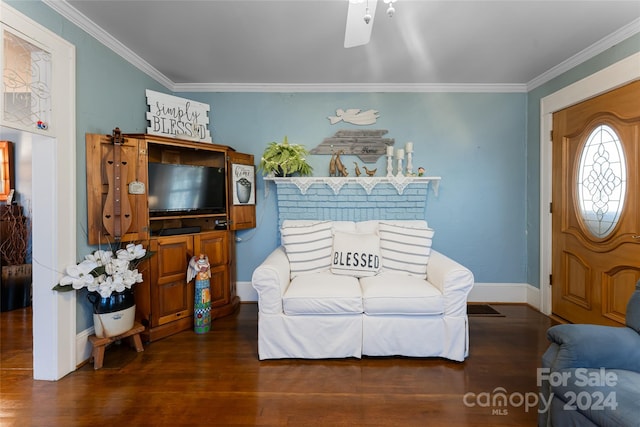 interior space with ornamental molding and dark hardwood / wood-style floors