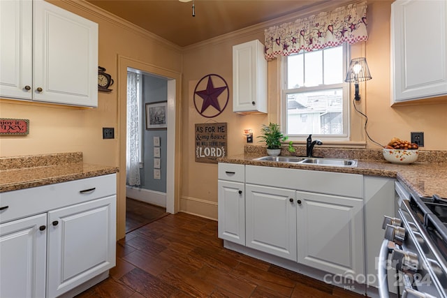 kitchen featuring white cabinets, sink, stainless steel range, dark hardwood / wood-style floors, and crown molding