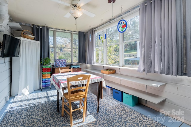 sunroom featuring ceiling fan