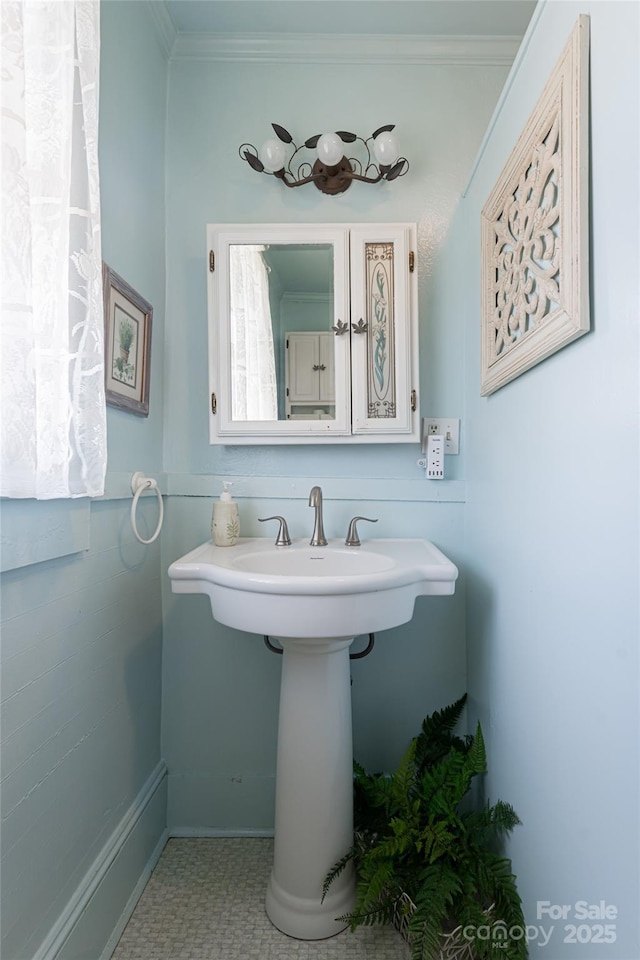 bathroom featuring crown molding and a sink