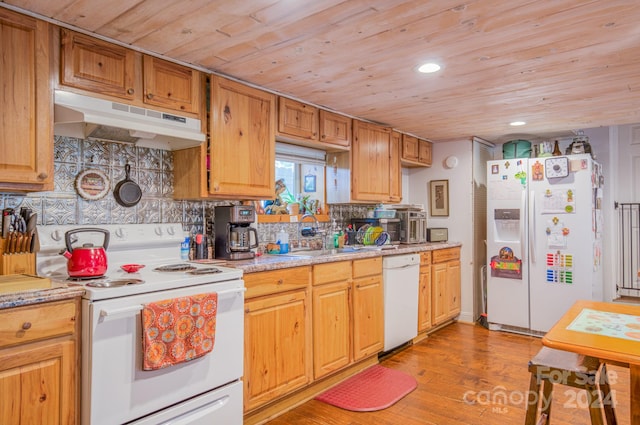 kitchen with white appliances, light hardwood / wood-style flooring, wood ceiling, sink, and backsplash