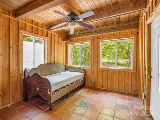 bedroom with wood walls, multiple windows, beamed ceiling, and wooden ceiling