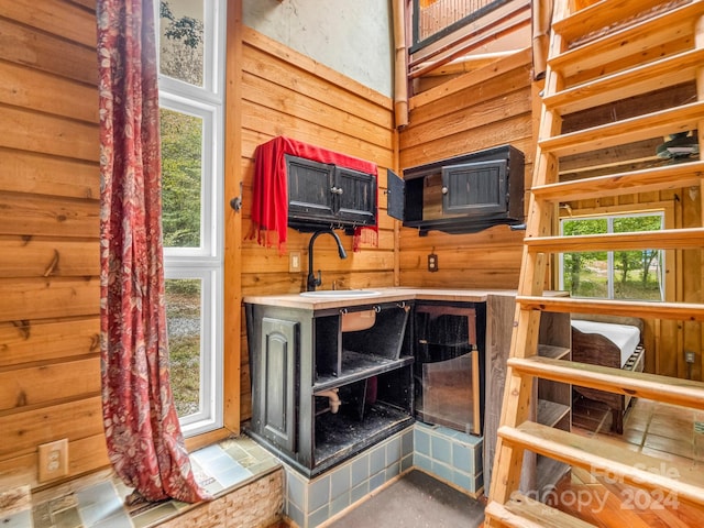 interior space with wood walls, sink, and a wealth of natural light