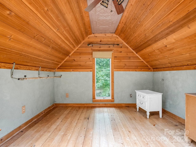 bonus room featuring light hardwood / wood-style flooring, lofted ceiling, and wooden ceiling