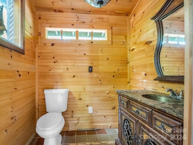 bathroom with wood walls, vanity, toilet, and plenty of natural light