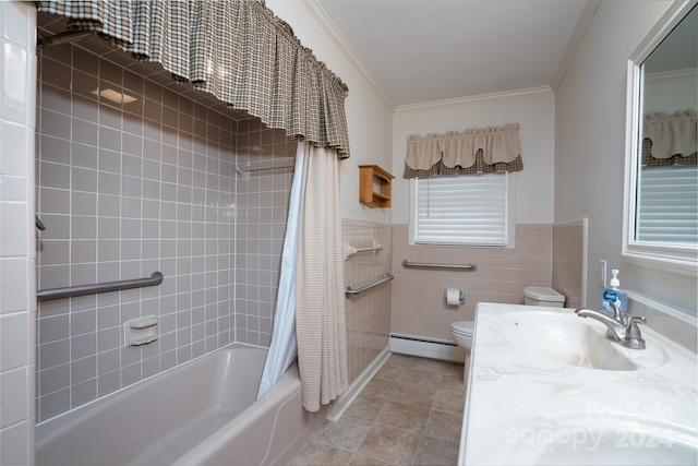 full bathroom featuring toilet, crown molding, shower / bath combo, a baseboard heating unit, and vanity