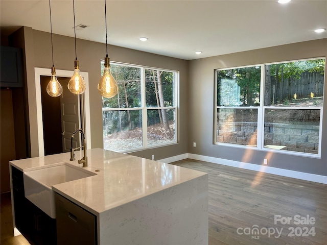 kitchen with sink, wood-type flooring, a kitchen island with sink, decorative light fixtures, and light stone countertops