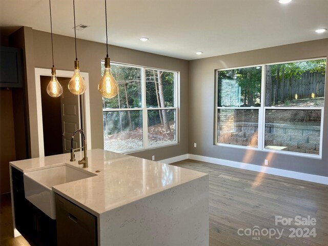 1243 10th Street Pl NW, Hickory, NC 28601 - kitchen featuring a sink, light stone counters, baseboards, light wood finished floors, and decorative light fixtures