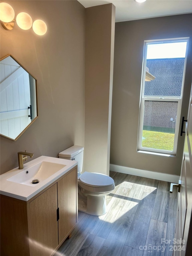 bathroom with wood-type flooring, vanity, and toilet