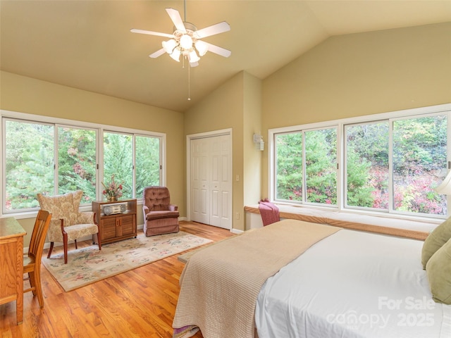 bedroom with ceiling fan, lofted ceiling, light hardwood / wood-style floors, and a closet