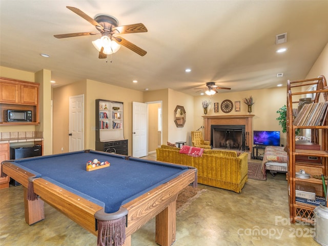 recreation room featuring ceiling fan and billiards