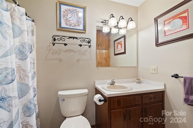 bathroom featuring vanity, toilet, and curtained shower