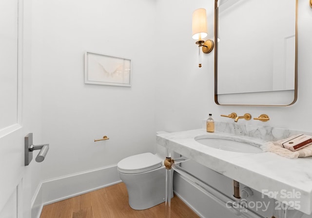 bathroom with vanity, hardwood / wood-style flooring, and toilet