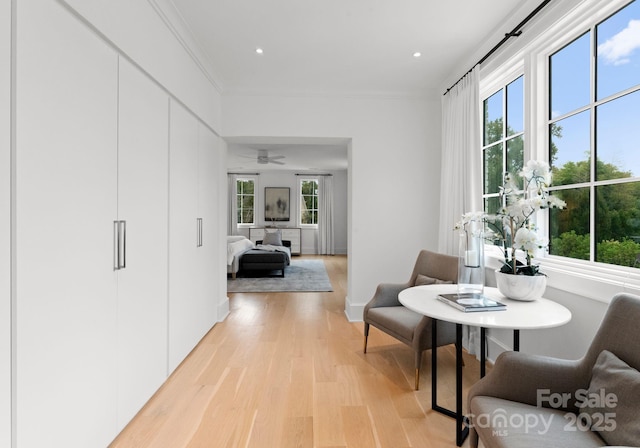 hallway featuring ornamental molding and light hardwood / wood-style floors