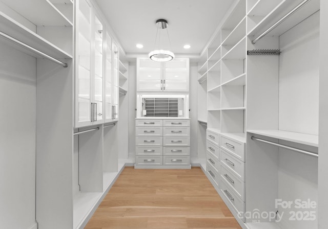 walk in closet with light wood-type flooring