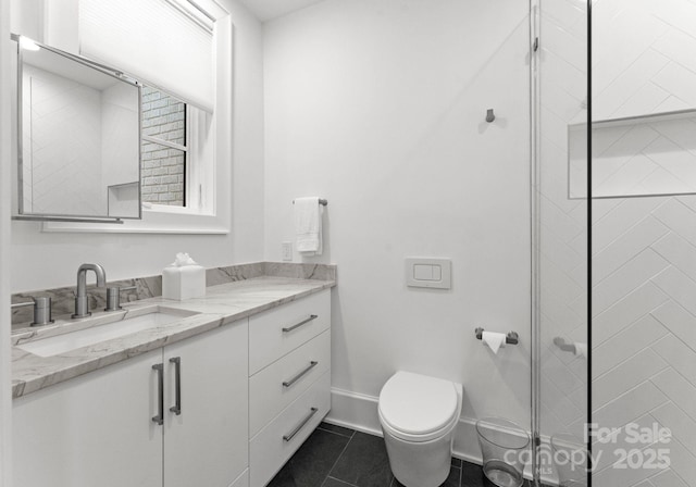 bathroom featuring tile patterned flooring, vanity, walk in shower, and toilet