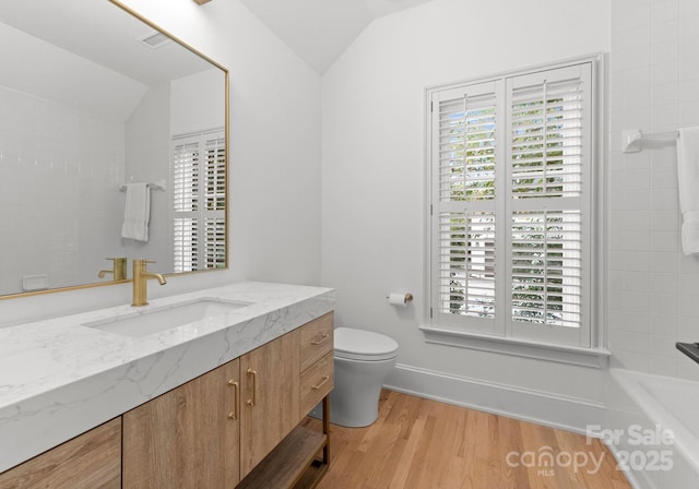 bathroom featuring plenty of natural light, wood-type flooring, vaulted ceiling, and vanity