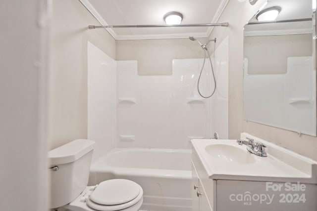 full bathroom with shower / bathtub combination, vanity, toilet, and ornamental molding