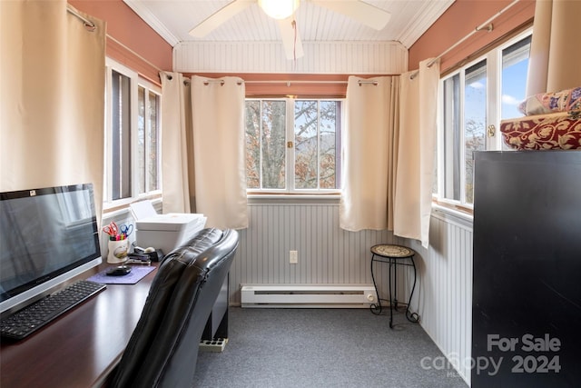 carpeted home office featuring a wealth of natural light, ornamental molding, and a baseboard radiator