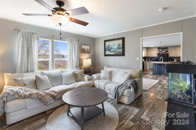 living room featuring dark wood-type flooring, ceiling fan, a textured ceiling, and ornamental molding