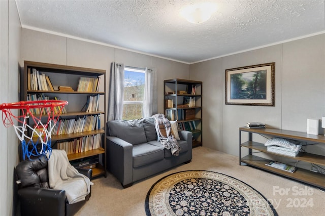 living area featuring carpet, a textured ceiling, and crown molding