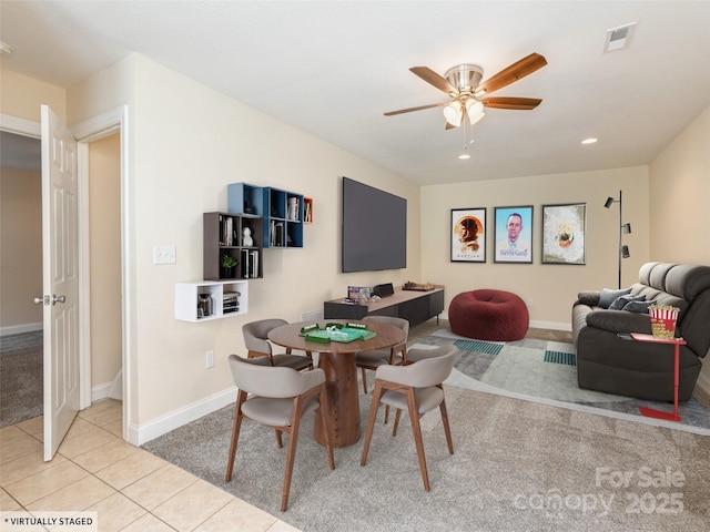 carpeted dining room with recessed lighting, visible vents, ceiling fan, tile patterned flooring, and baseboards