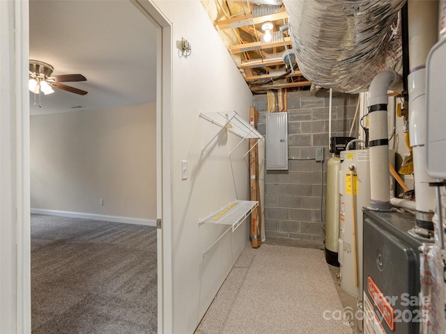 unfinished basement featuring concrete block wall, water heater, ceiling fan, electric panel, and baseboards