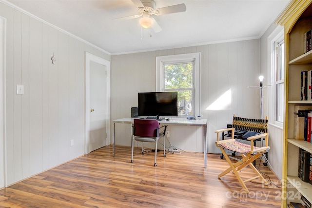 office featuring crown molding, wood walls, hardwood / wood-style floors, and ceiling fan