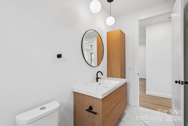 bathroom with vanity, toilet, and wood-type flooring