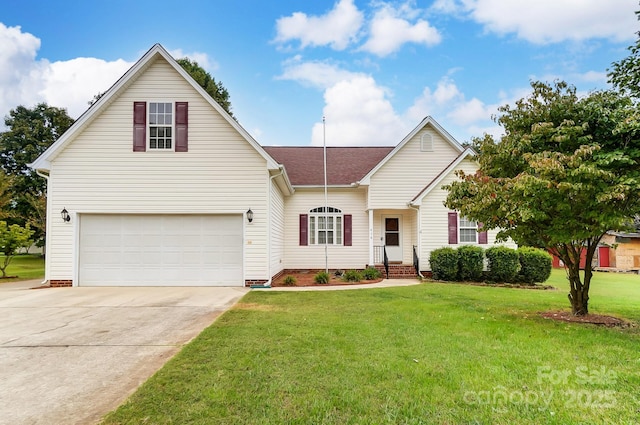 traditional-style house featuring an attached garage, roof with shingles, concrete driveway, and a front yard