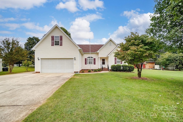 view of front of home featuring a garage, a front lawn, and concrete driveway