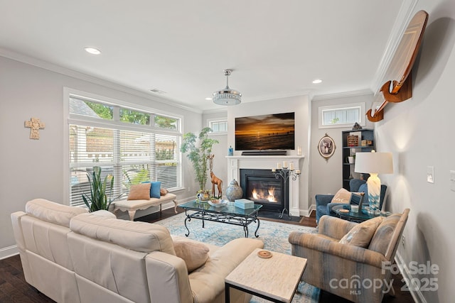 living room with crown molding and dark wood-type flooring