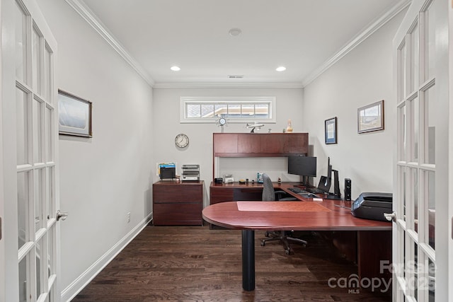 office featuring ornamental molding, dark wood-type flooring, and french doors