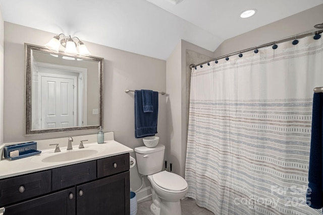 bathroom with walk in shower, toilet, vaulted ceiling, vanity, and a notable chandelier