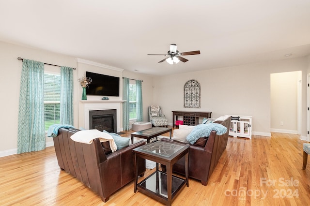 living room featuring light hardwood / wood-style floors and ceiling fan