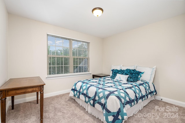 bedroom with light colored carpet