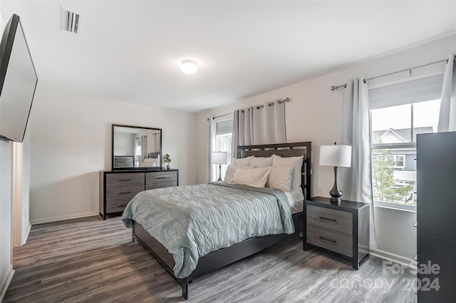 bedroom featuring dark wood-type flooring and multiple windows