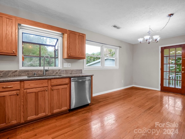 kitchen with a wealth of natural light, sink, dishwasher, and light wood-type flooring