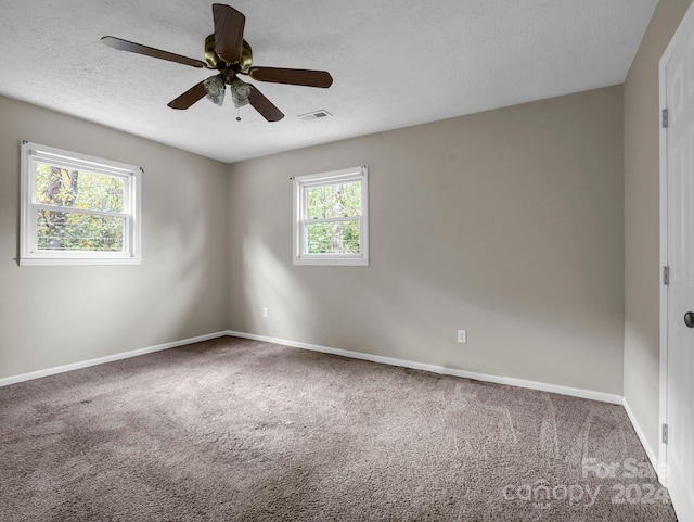 spare room featuring carpet floors, a healthy amount of sunlight, a textured ceiling, and ceiling fan