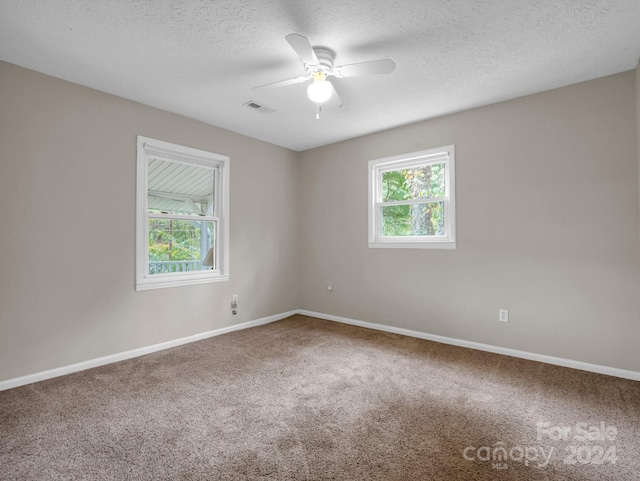 empty room featuring ceiling fan, a healthy amount of sunlight, carpet flooring, and a textured ceiling