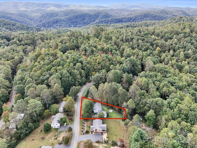 200 Frost Rd, Saluda, NC 28773 - aerial overview of property's location featuring a forest, property boundaries highlighted, and a mountain backdrop