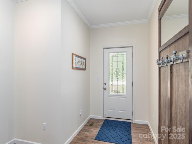 doorway to outside featuring dark hardwood / wood-style flooring and ornamental molding