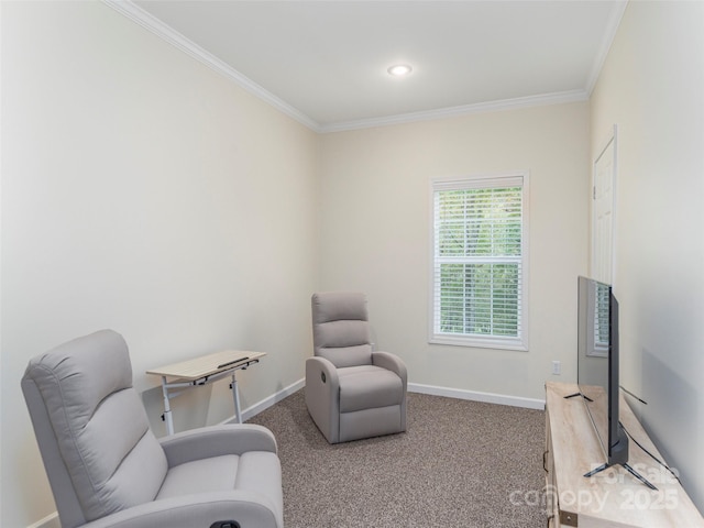 living area with crown molding and carpet