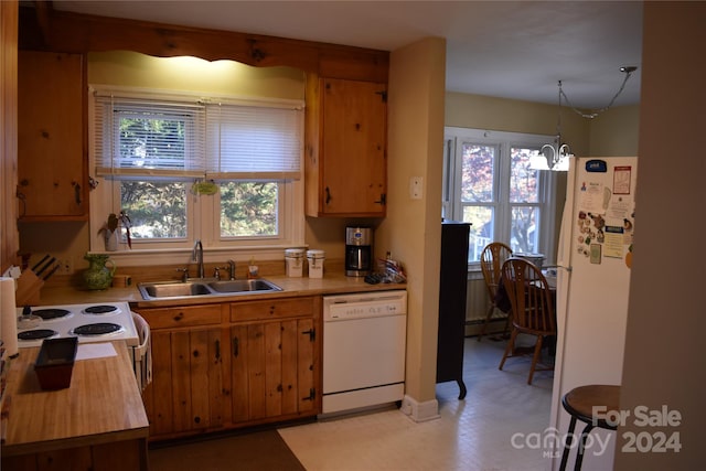 kitchen featuring sink, hanging light fixtures, a wealth of natural light, and white appliances