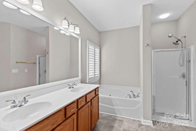 bathroom with shower with separate bathtub and vanity