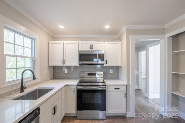 kitchen featuring hardwood / wood-style floors, sink, white cabinets, light stone counters, and stainless steel appliances