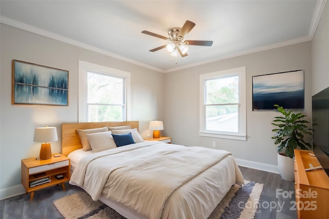 bedroom featuring multiple windows, crown molding, and dark wood-type flooring